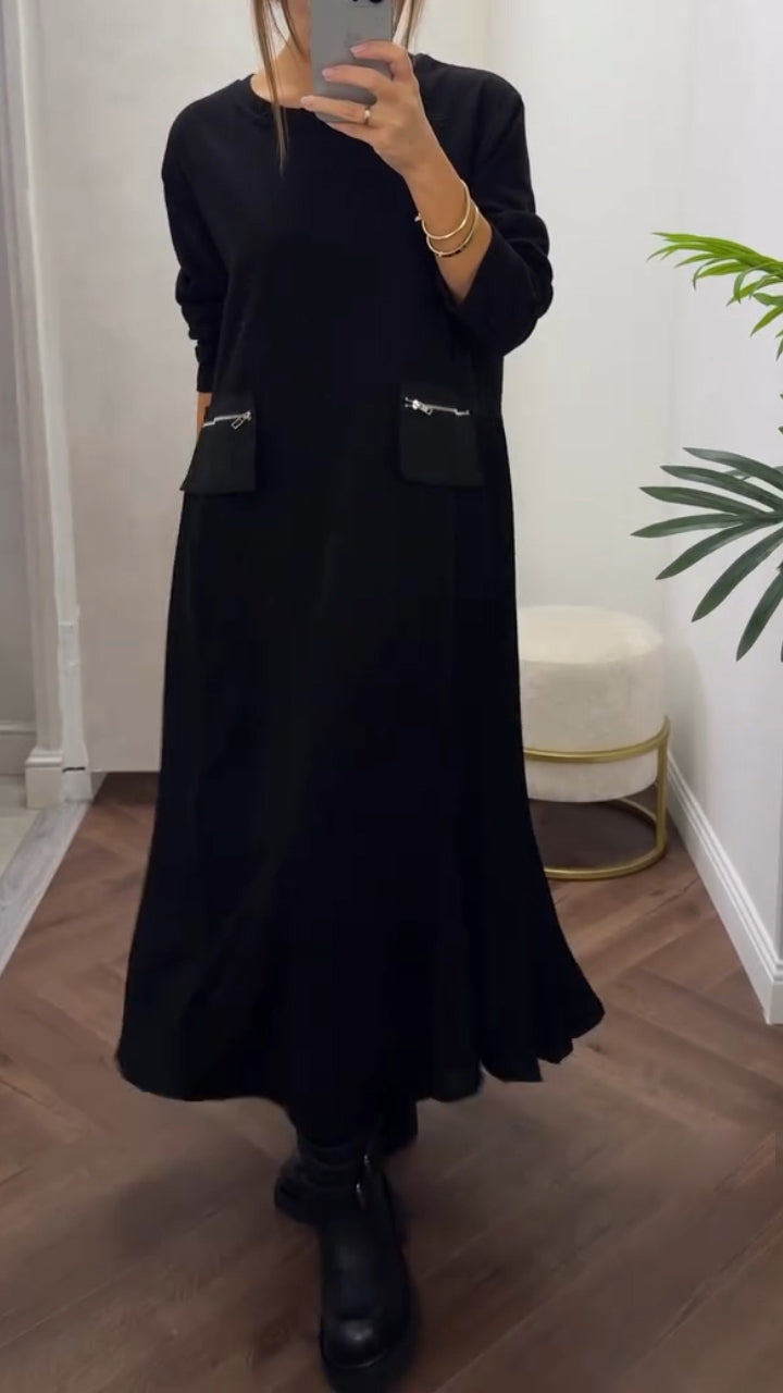 Pleated Round-Neck Dress