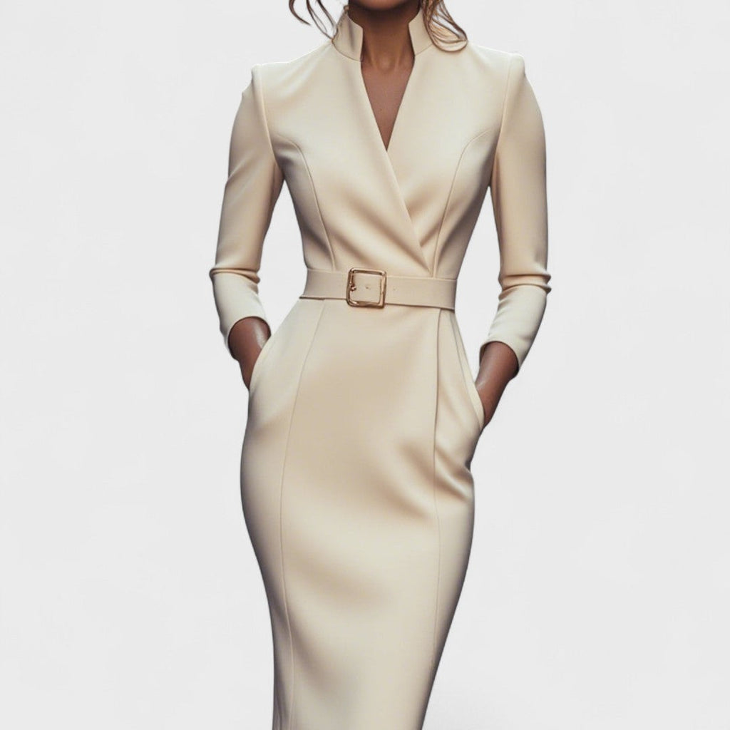 Belted Mandarin-Collar Dress