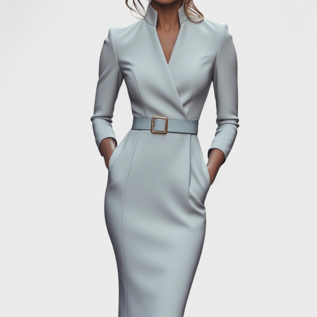 Belted Mandarin-Collar Dress