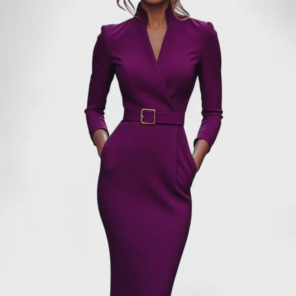 Belted Mandarin-Collar Dress