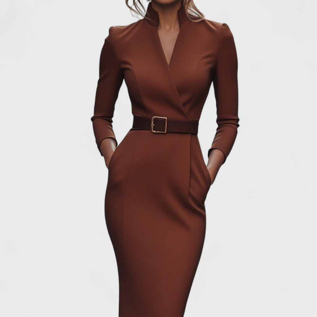 Belted Mandarin-Collar Dress