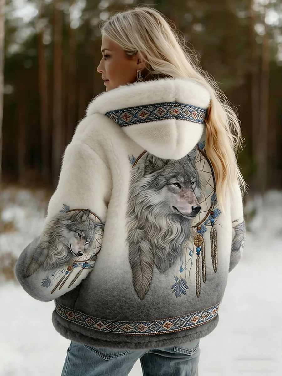 Hooded Wolf-Print Jacket