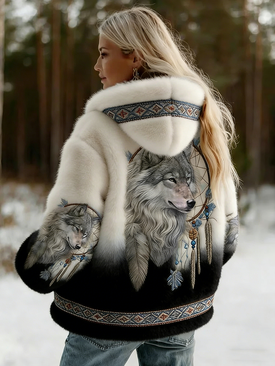 Hooded Wolf-Print Jacket