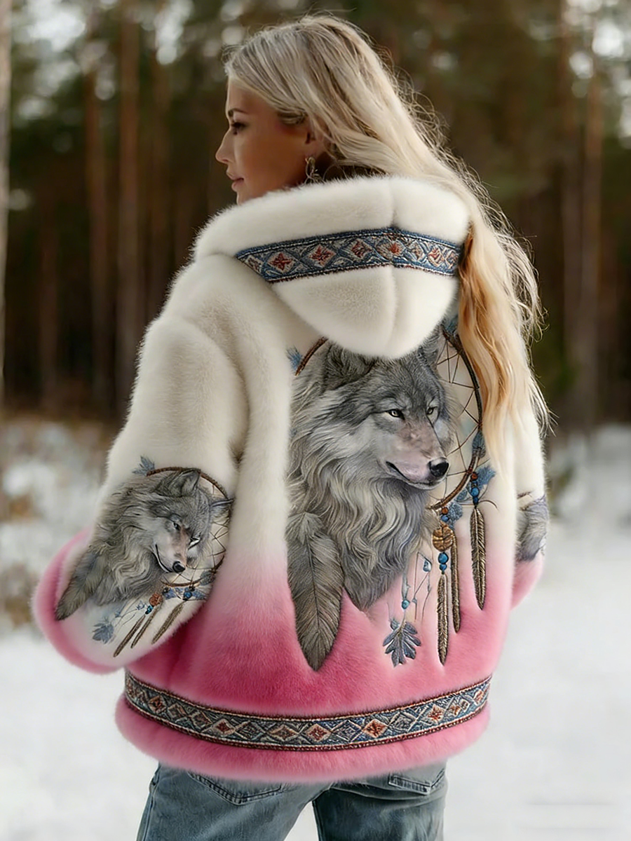 Hooded Wolf-Print Jacket
