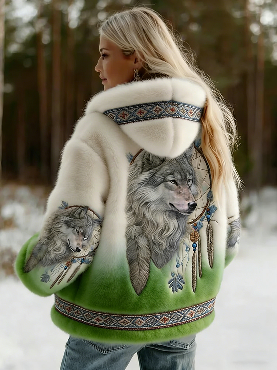 Hooded Wolf-Print Jacket