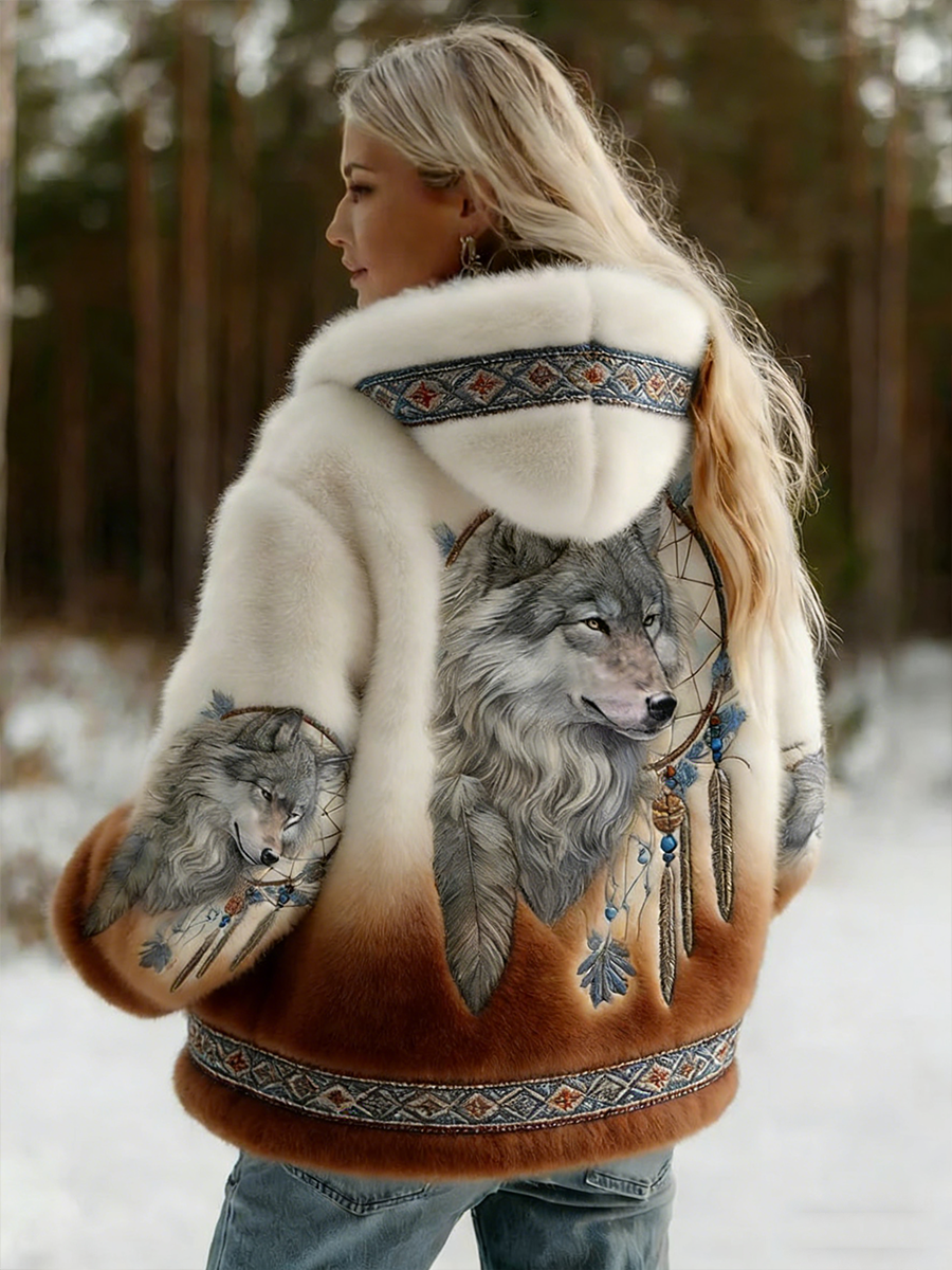 Hooded Wolf-Print Jacket
