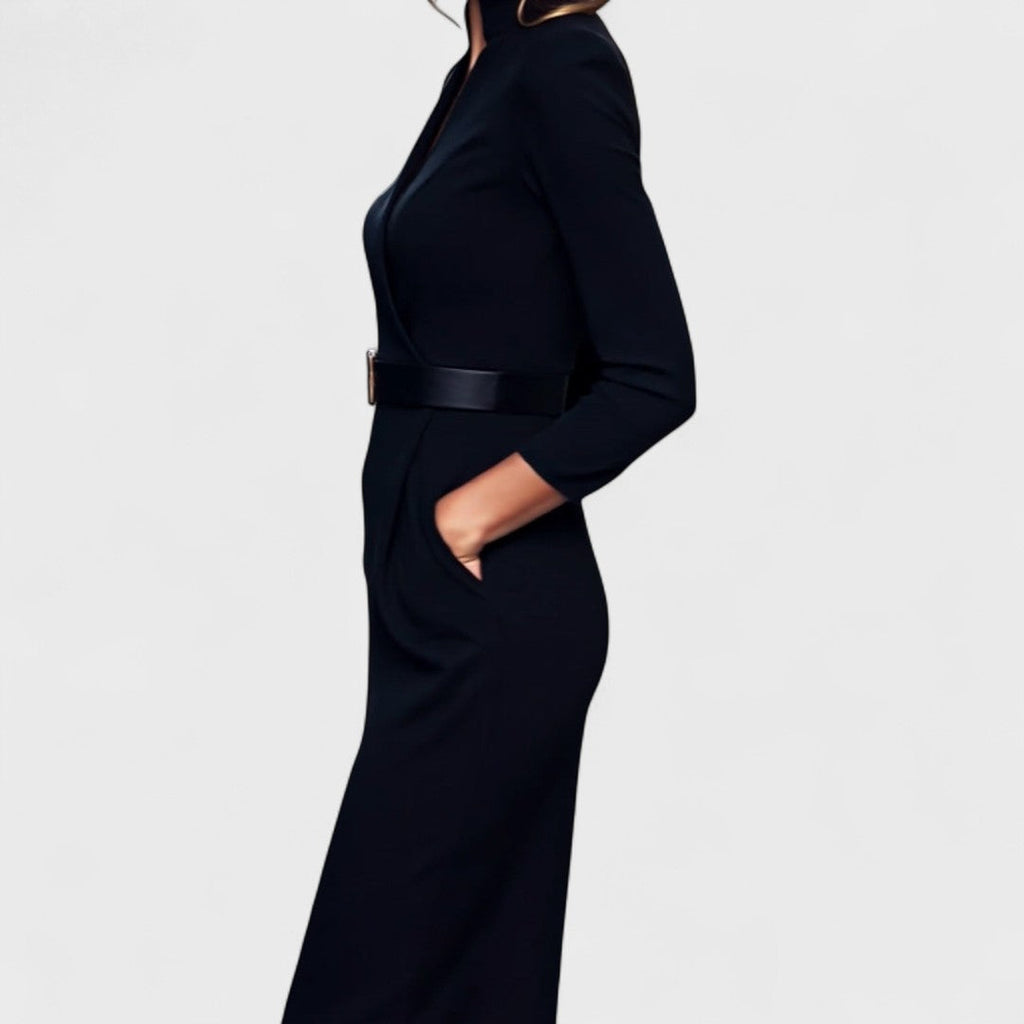 Belted Mandarin-Collar Dress