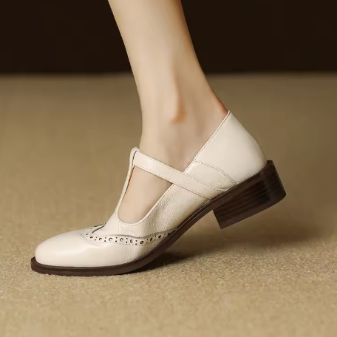 Leather T-Strap Mary Jane Shoes Low Block Heel
