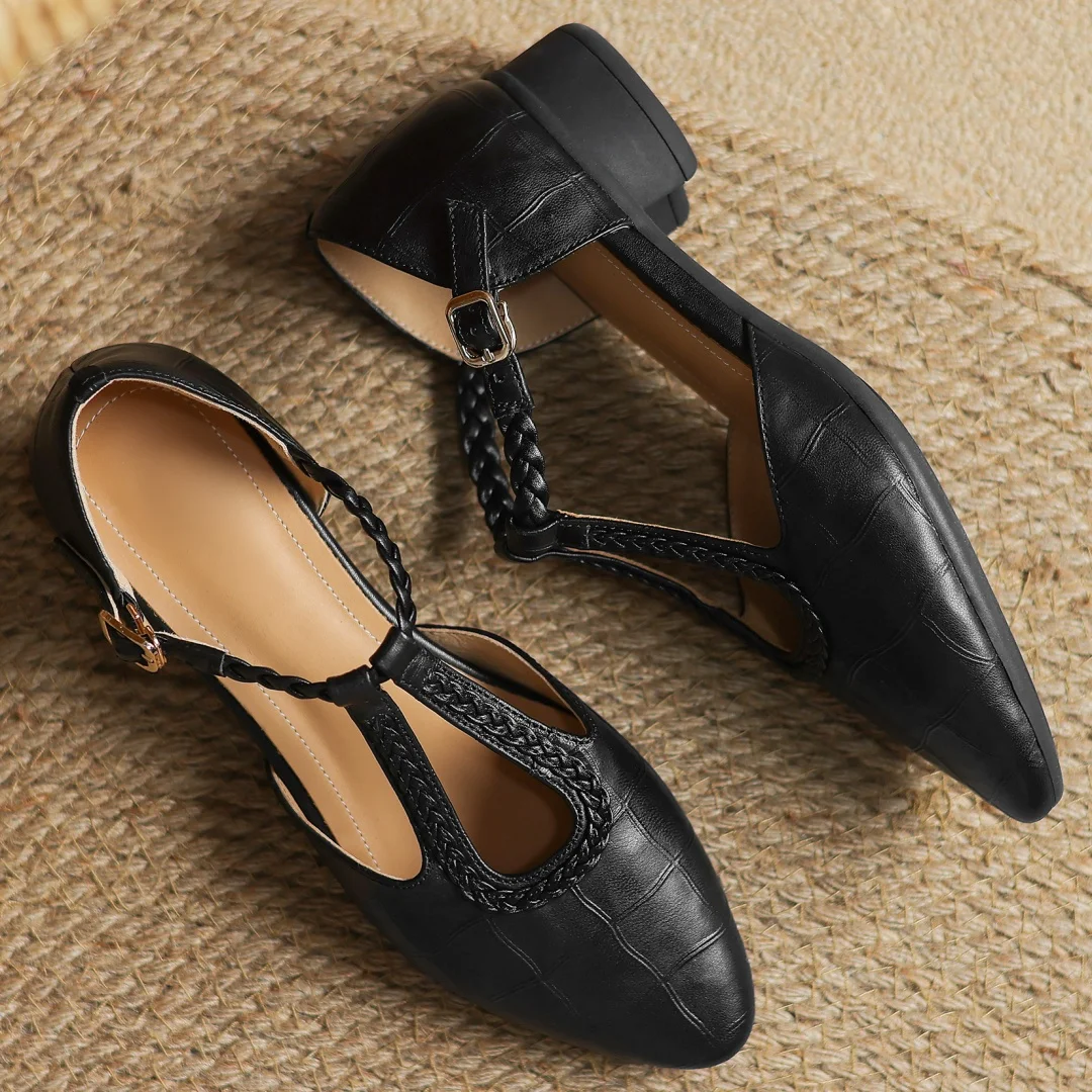 Leather T-Strap Mary Jane Flats Pointed Toe Flat