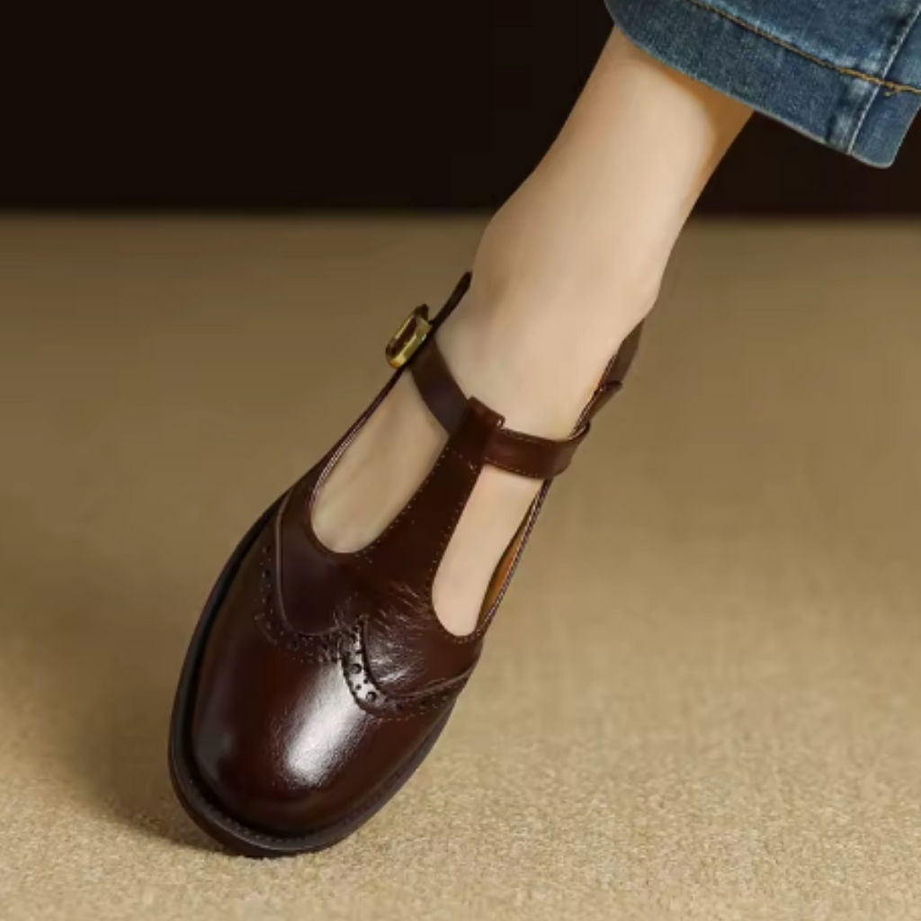 Leather T-Strap Mary Jane Shoes Low Block Heel