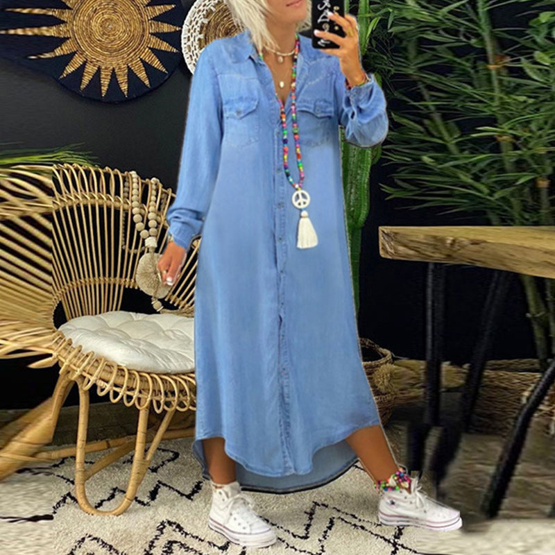 Denim-Effect Maxi Shirt Dress