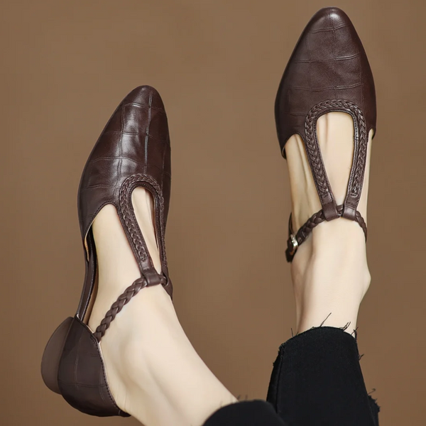 Leather T-Strap Mary Jane Flats Pointed Toe Flat