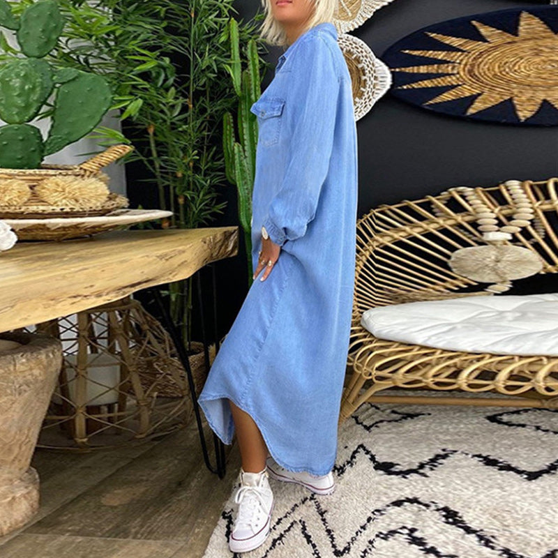 Denim-Effect Maxi Shirt Dress