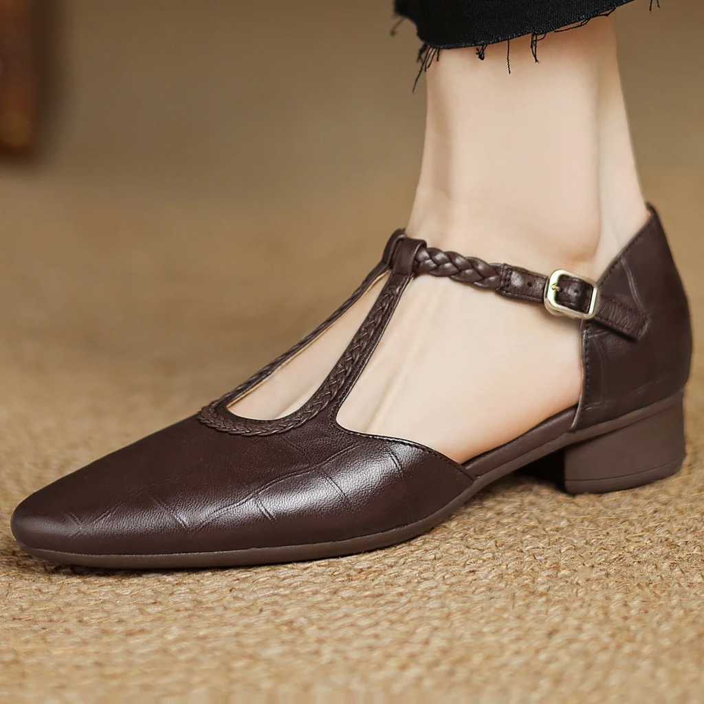 Leather T-Strap Mary Jane Flats Pointed Toe Flat
