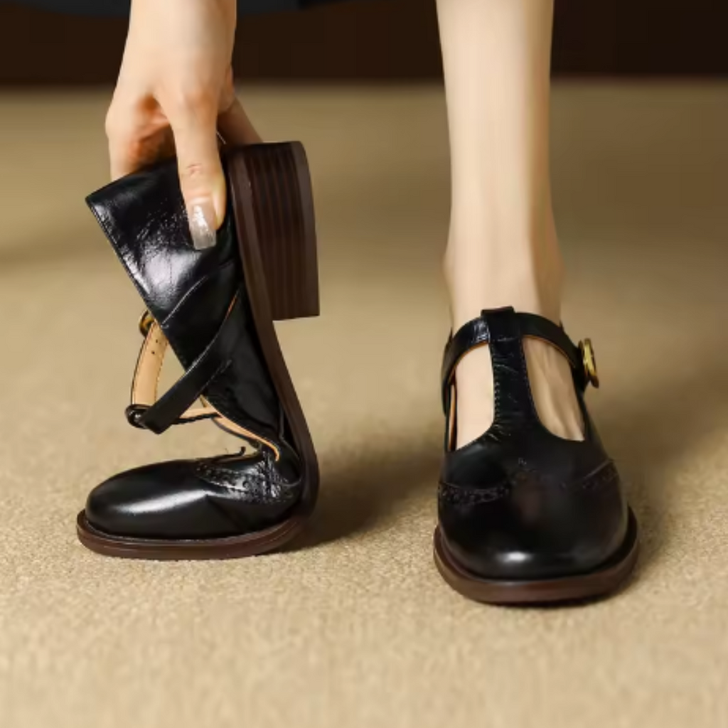 Leather T-Strap Mary Jane Shoes Low Block Heel