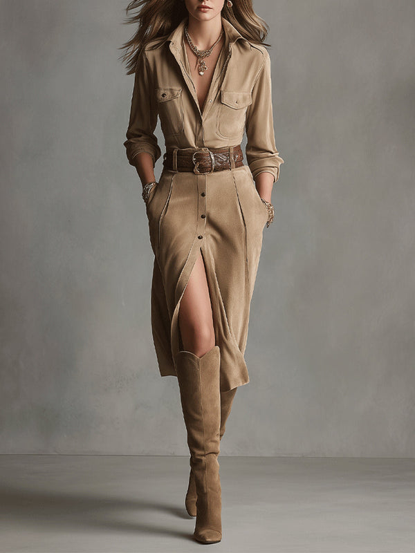 Brown Suede Midi Dress