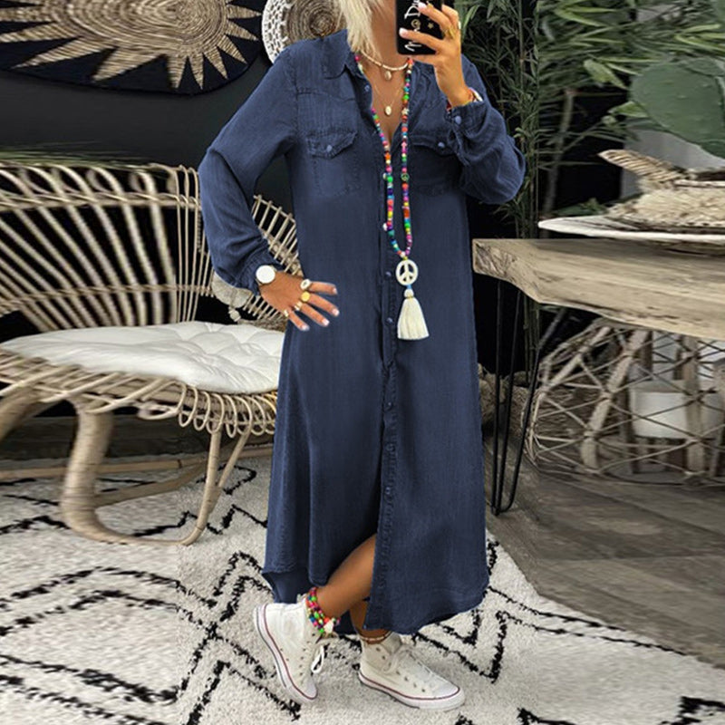 Denim-Effect Maxi Shirt Dress