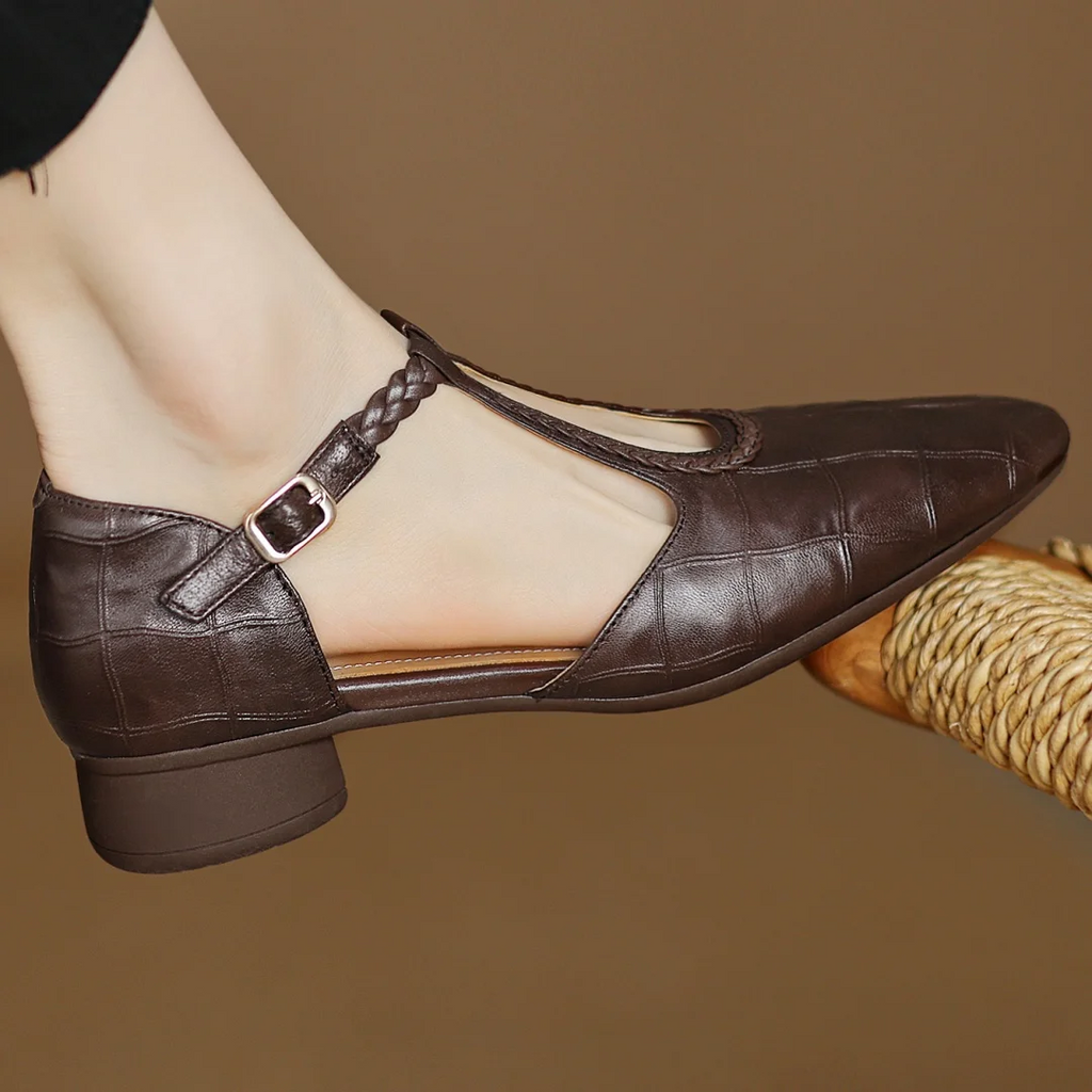 Leather T-Strap Mary Jane Flats Pointed Toe Flat
