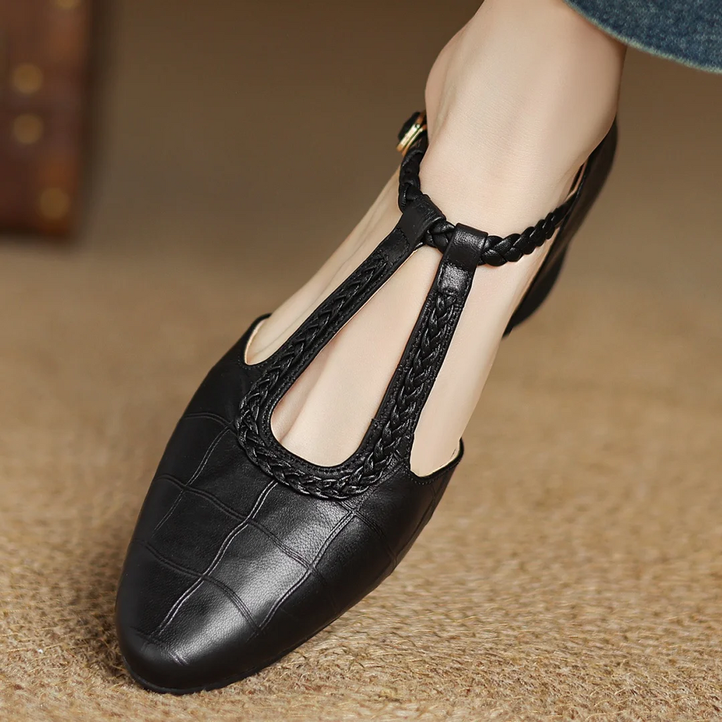 Leather T-Strap Mary Jane Flats Pointed Toe Flat