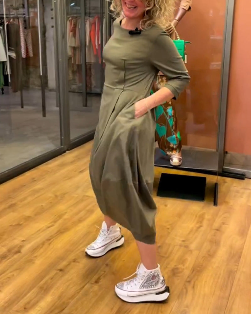 3/4-Sleeve Round-Neck Dress