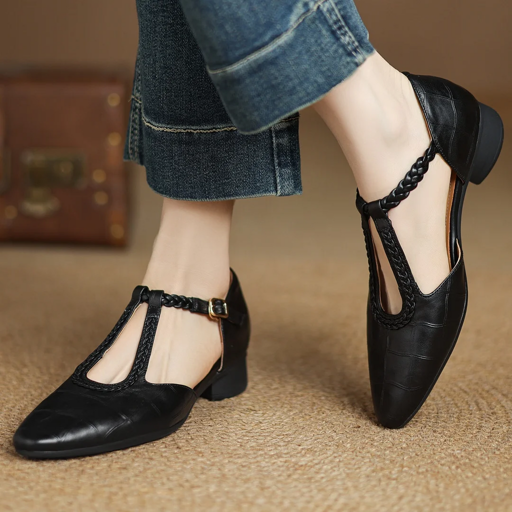 Leather T-Strap Mary Jane Flats Pointed Toe Flat