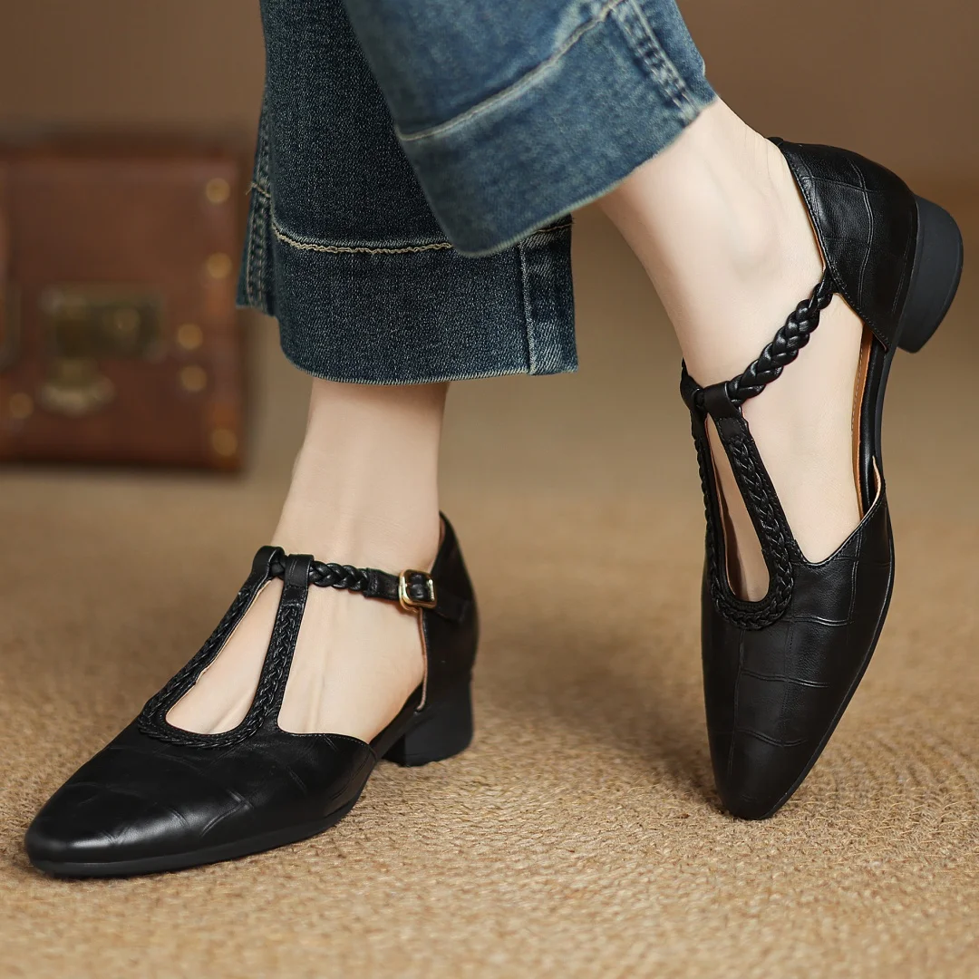 Leather T-Strap Mary Jane Flats Pointed Toe Flat