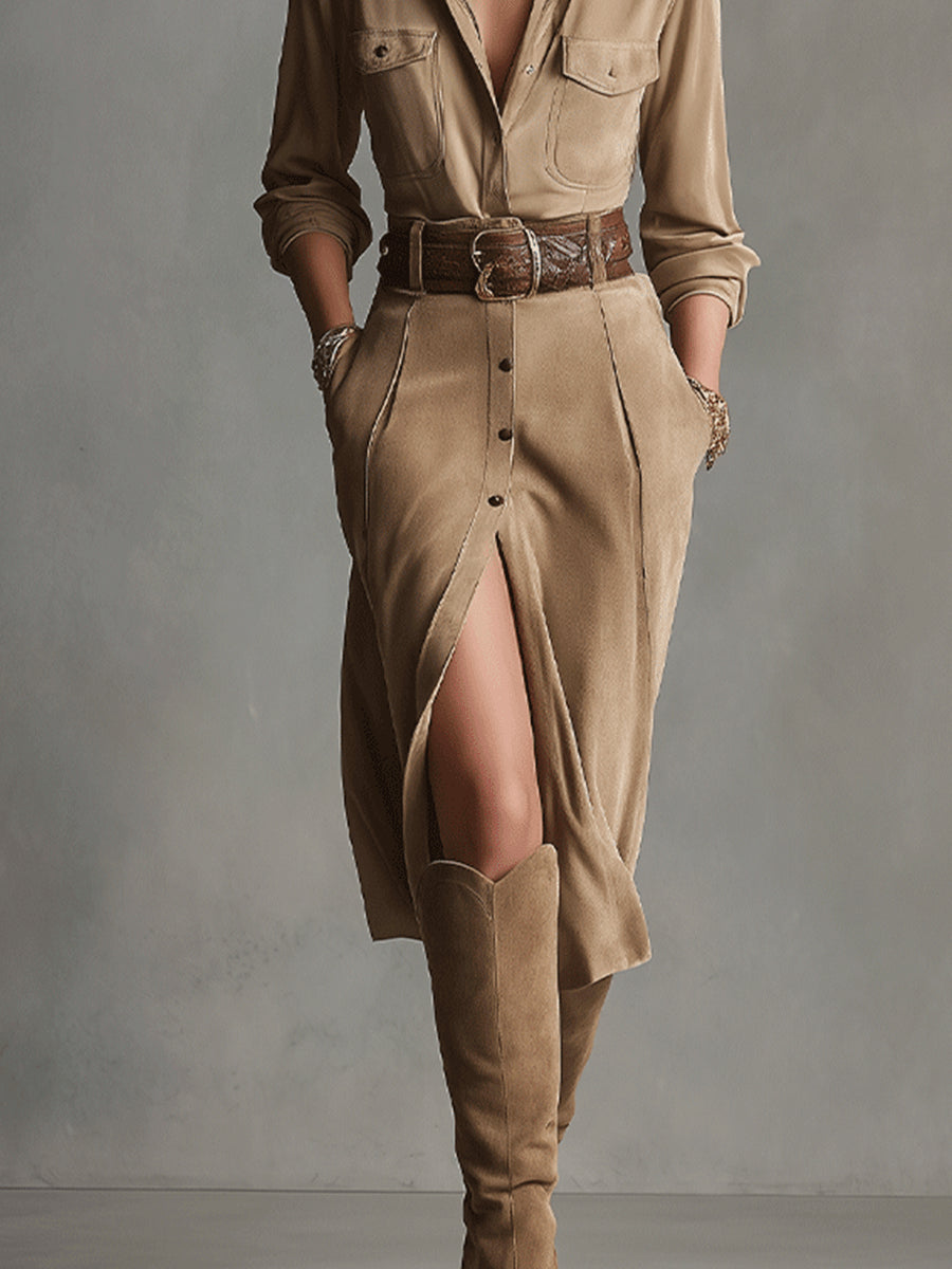 Brown Suede Midi Dress