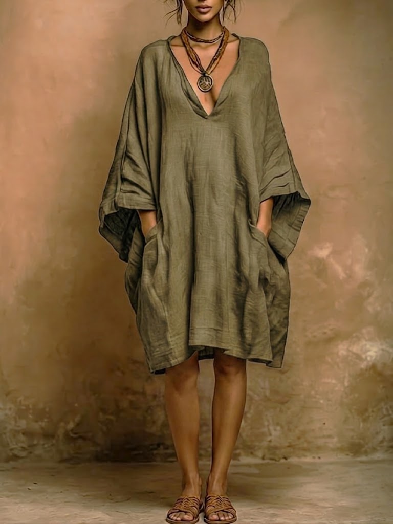 Loose Fit V Neck Midi Dress
