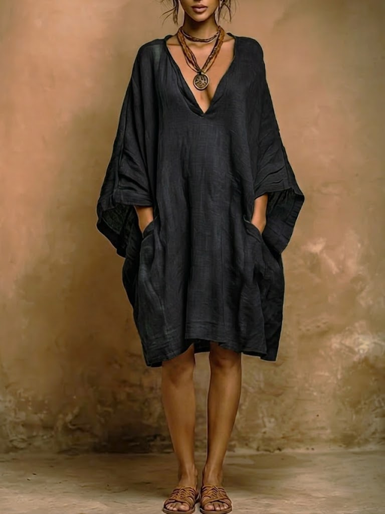 Loose Fit V Neck Midi Dress