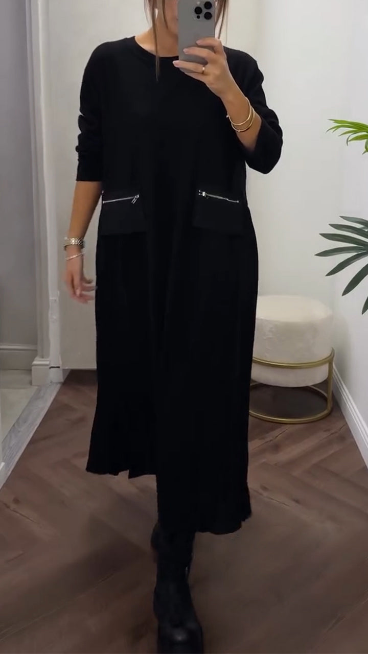 Pleated Round-Neck Dress