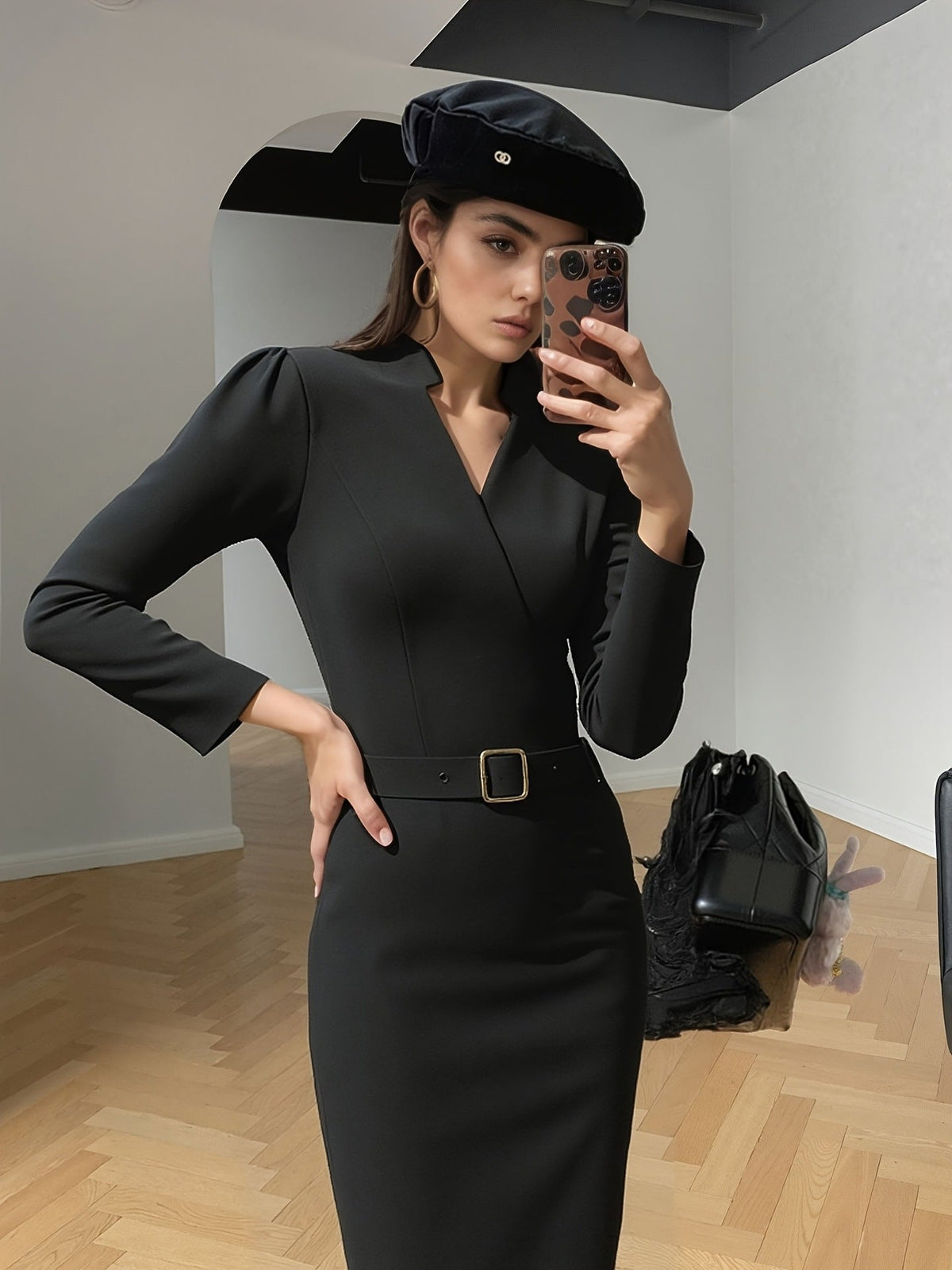 Belted Cross-Neck Midi Dress