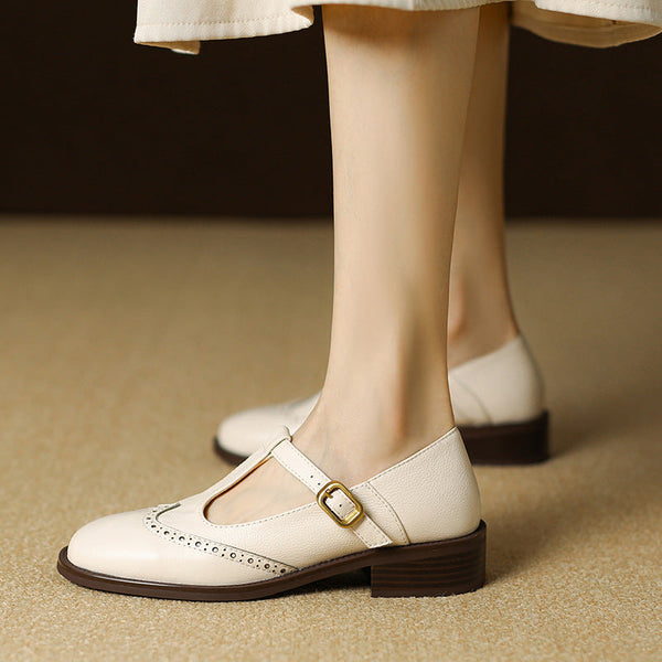 Leather T-Strap Mary Jane Shoes Low Block Heel
