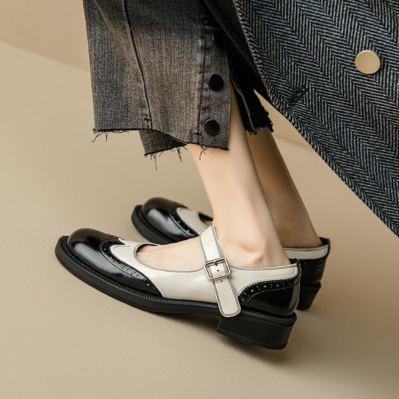 Two-Tone Leather Mary Jane Shoes Brogue Low Heel