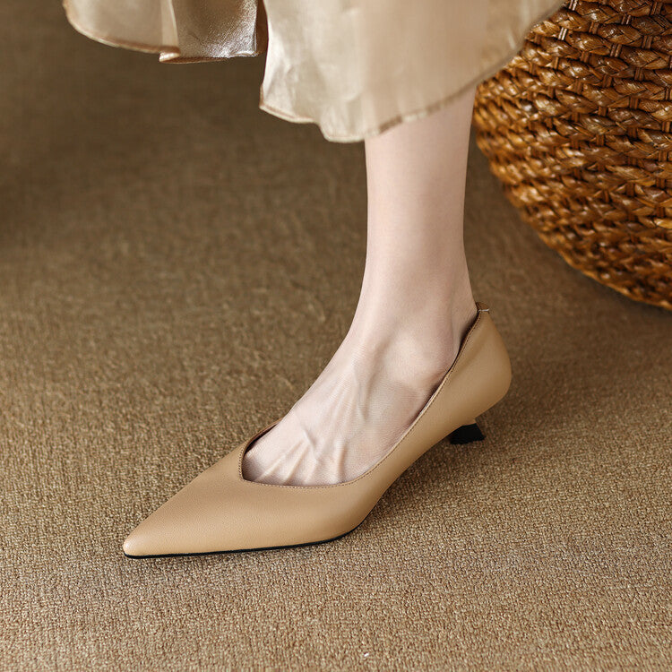 Pointed Toe Pumps Low Kitten Heel Slip On Shoes