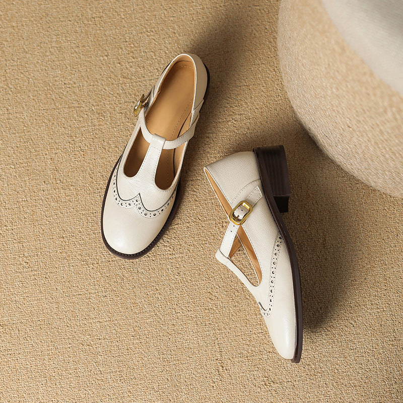 Leather T-Strap Mary Jane Shoes Low Block Heel