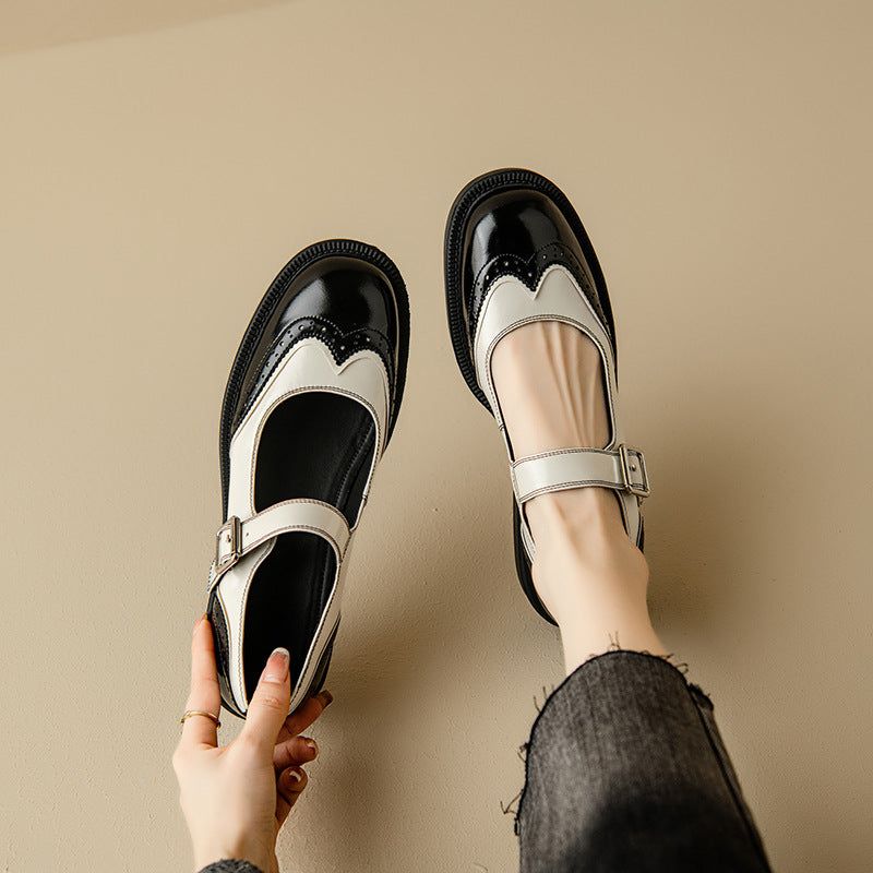 Two-Tone Leather Mary Jane Shoes Brogue Low Heel