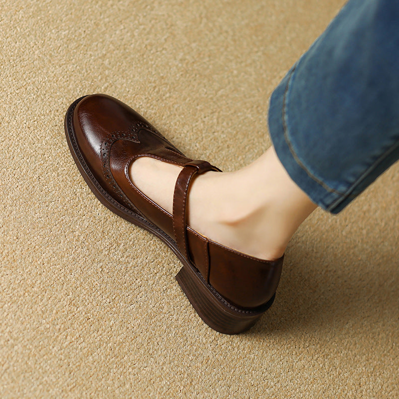 Leather T-Strap Mary Jane Shoes Low Block Heel
