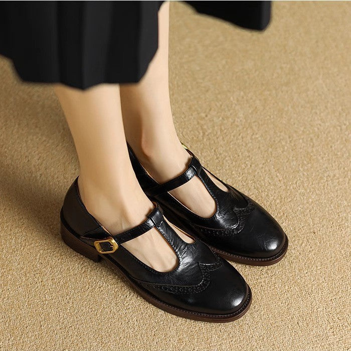 Leather T-Strap Mary Jane Shoes Low Block Heel