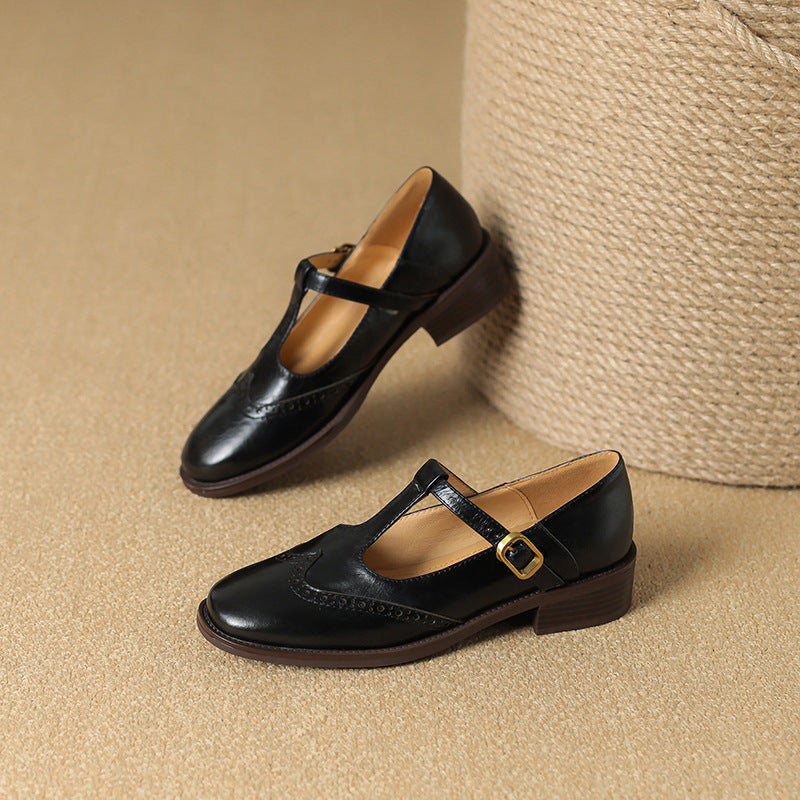 Leather T-Strap Mary Jane Shoes Low Block Heel