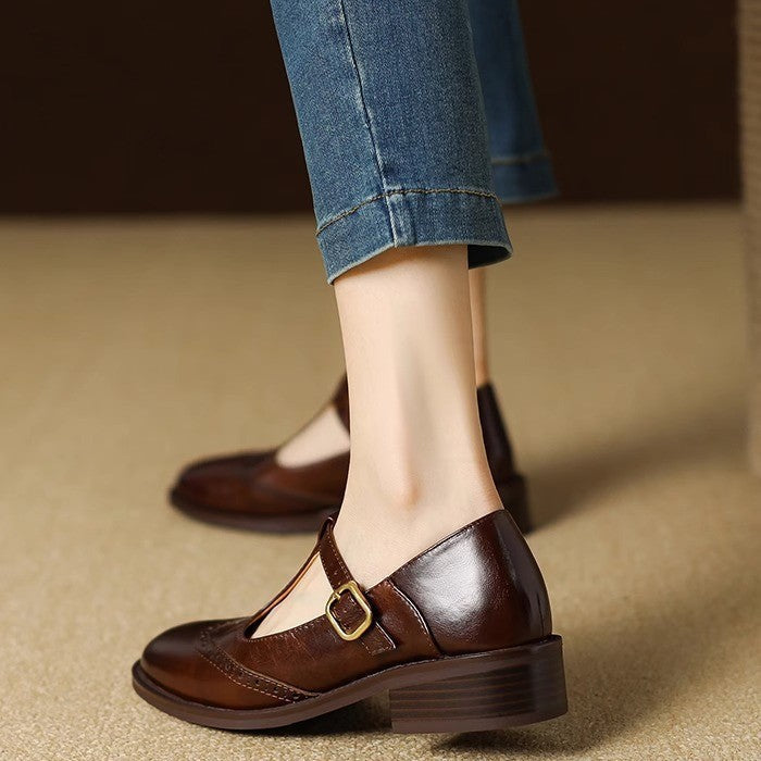 Leather T-Strap Mary Jane Shoes Low Block Heel