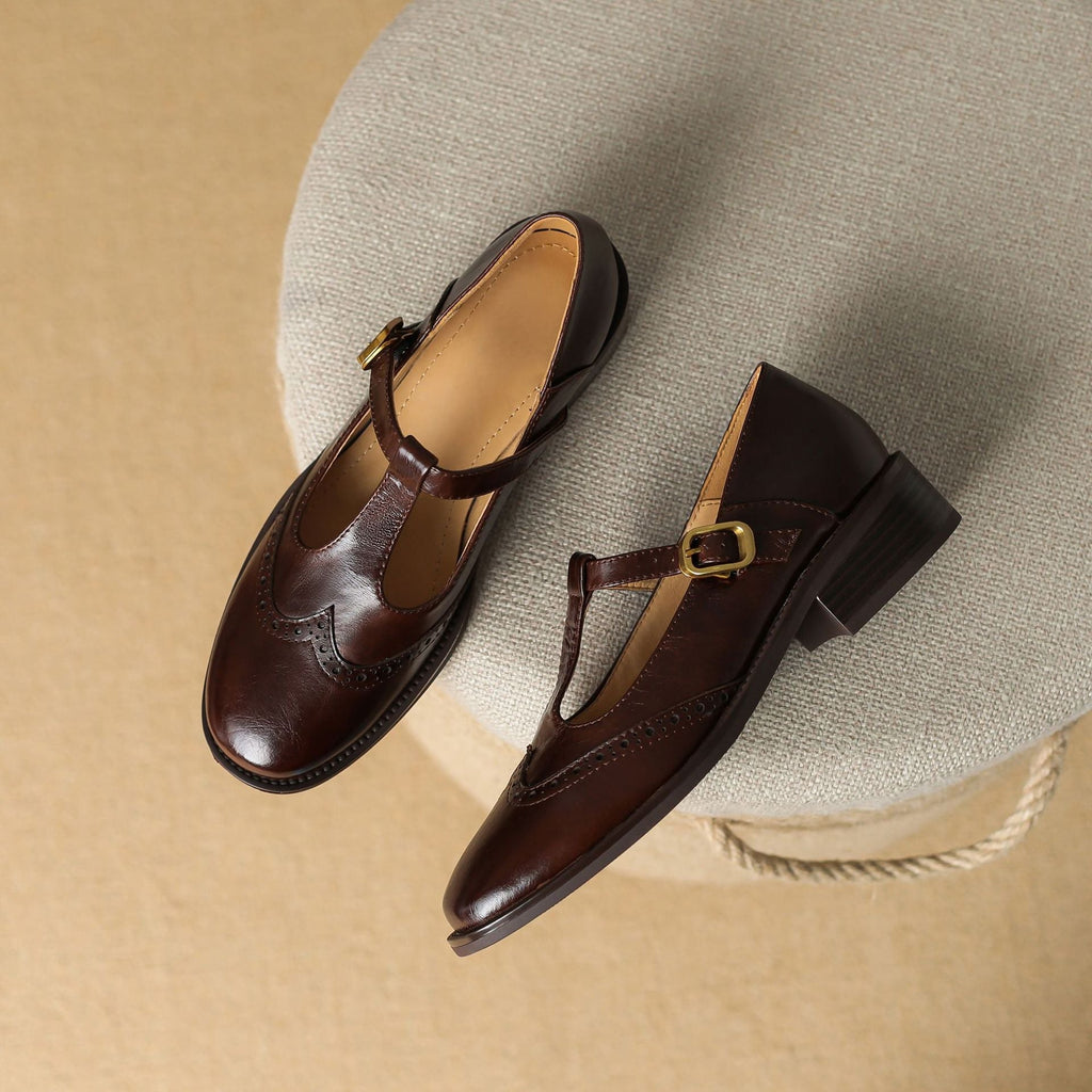 Leather T-Strap Mary Jane Shoes Low Block Heel