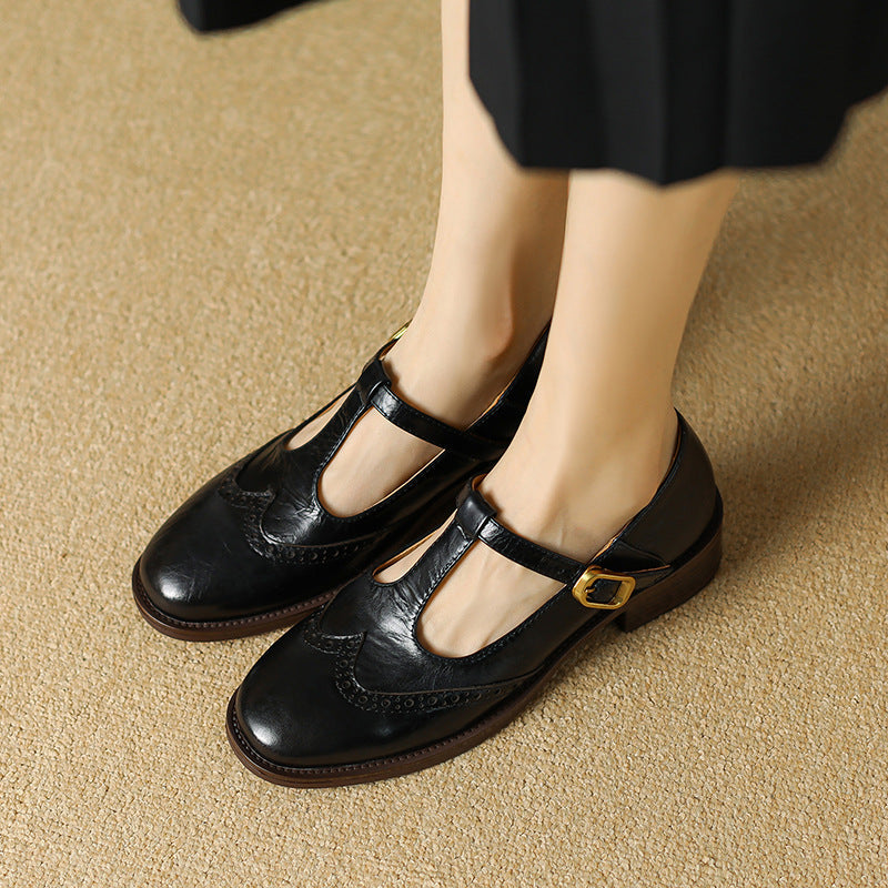 Leather T-Strap Mary Jane Shoes Low Block Heel
