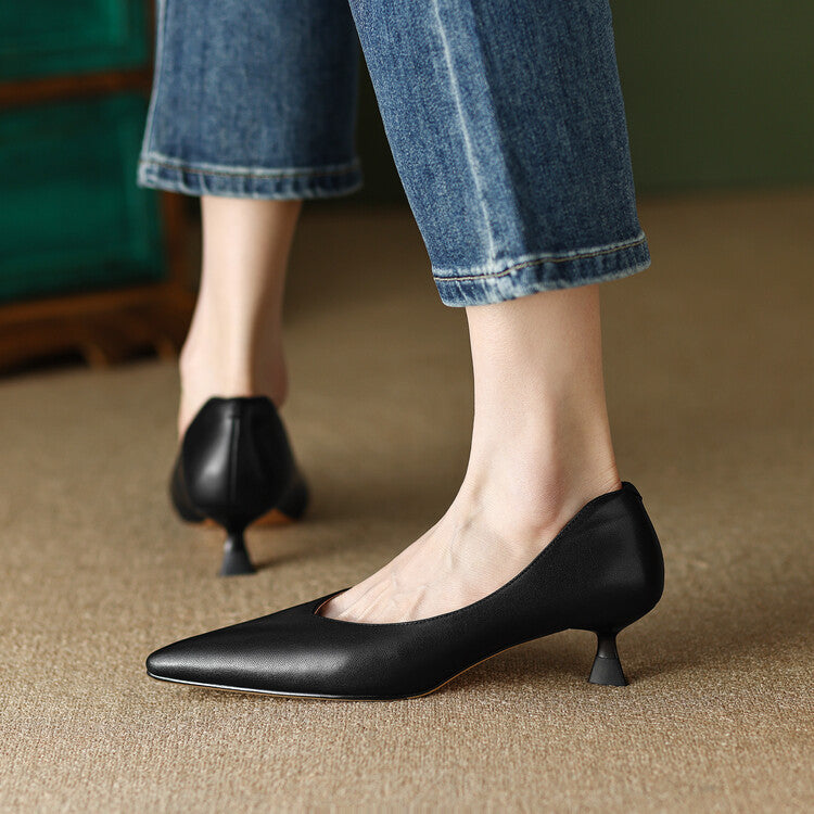 Pointed Toe Pumps Low Kitten Heel Slip On Shoes