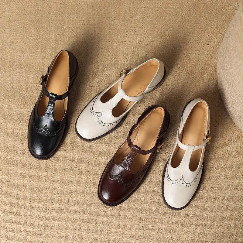 Leather T-Strap Mary Jane Shoes Low Block Heel