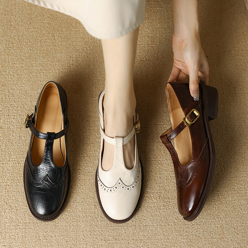 Leather T-Strap Mary Jane Shoes Low Block Heel