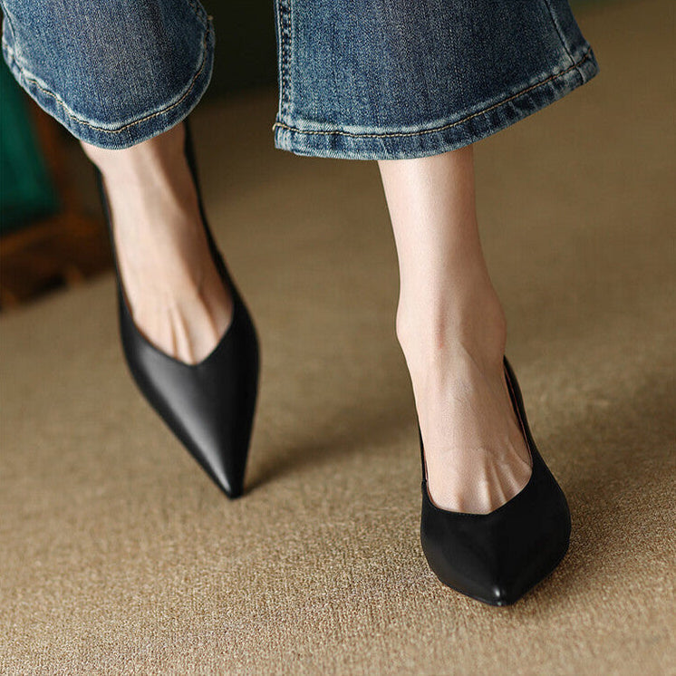 Pointed Toe Pumps Low Kitten Heel Slip On Shoes