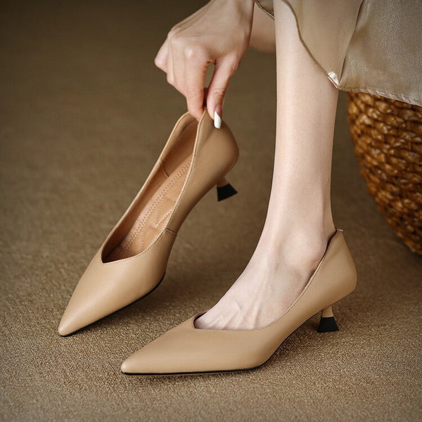 Pointed Toe Pumps Low Kitten Heel Slip On Shoes