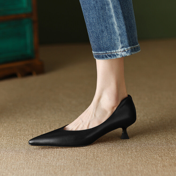 Pointed Toe Pumps Low Kitten Heel Slip On Shoes