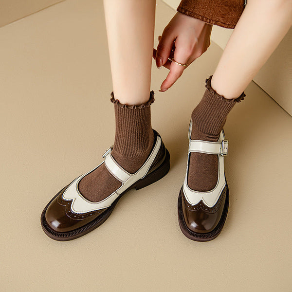 Two-Tone Leather Mary Jane Shoes Brogue Low Heel