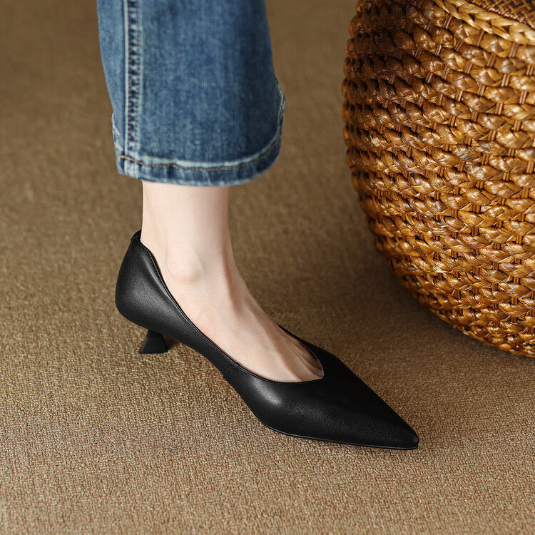 Pointed Toe Pumps Low Kitten Heel Slip On Shoes